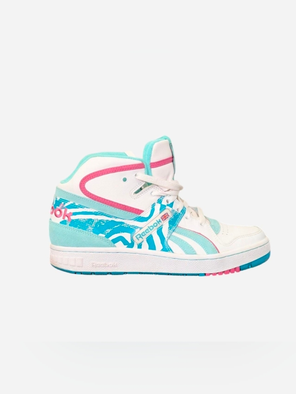 Reebok Pro Legacy Mid, a retro high-top sneaker size‎ 8 Aqua, Pink And White.